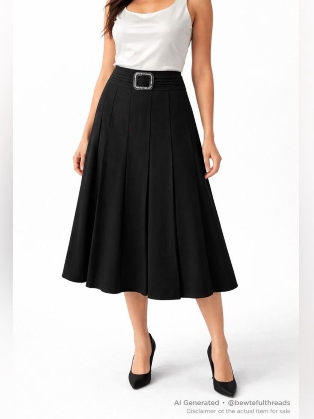 Laura Petites Black A-Line Midi Skirt Buckle Detail Size 12P Fits 10